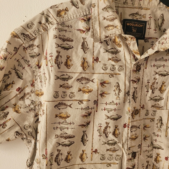 Woolrich Vintage Fly Fishing All Over Print Short Sleeve Button Down Tan Medium - Picture 3 of 9